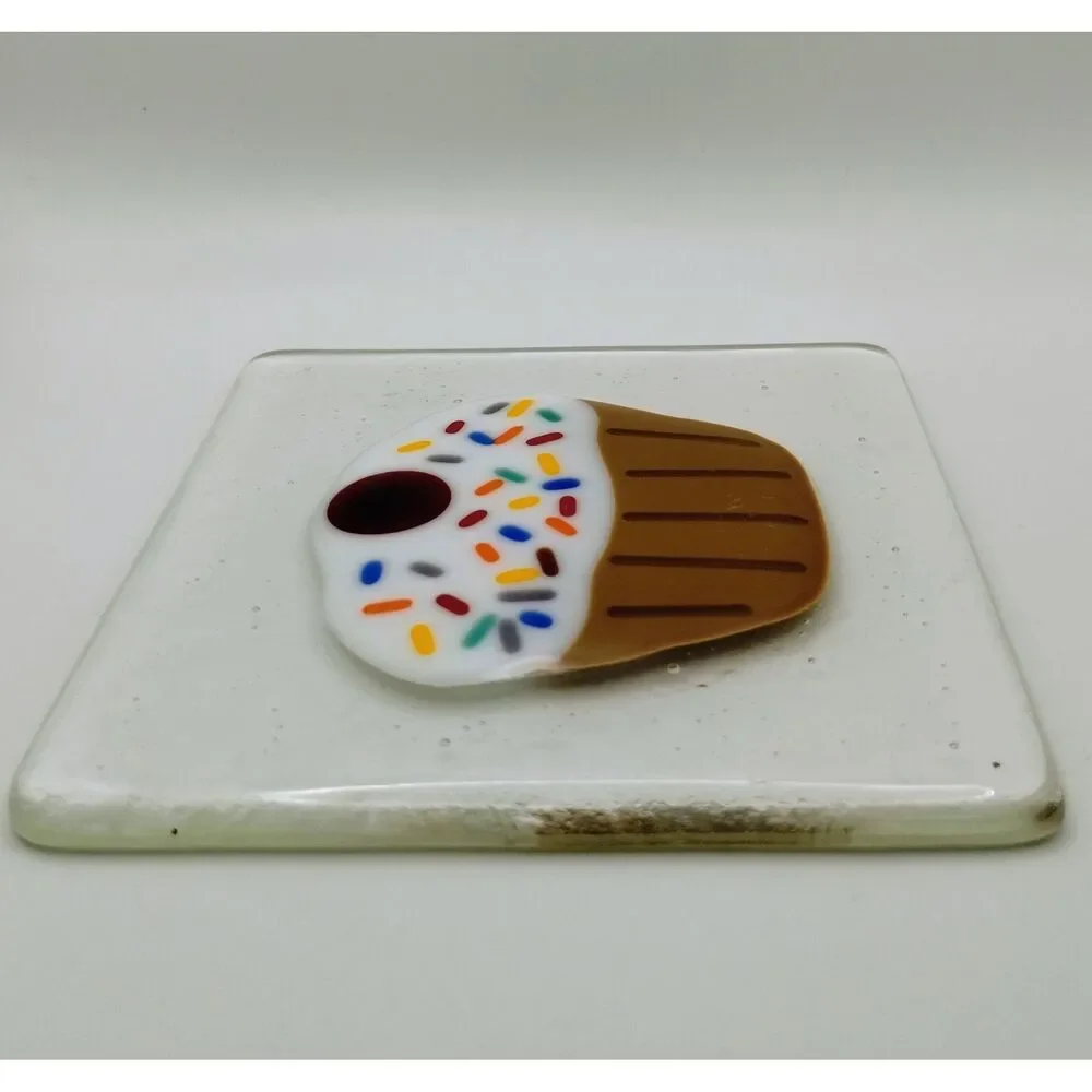 Handmade Fused Glass Cupcake Square Plate Trinket Dish Sprinkles Cherry 4.75in